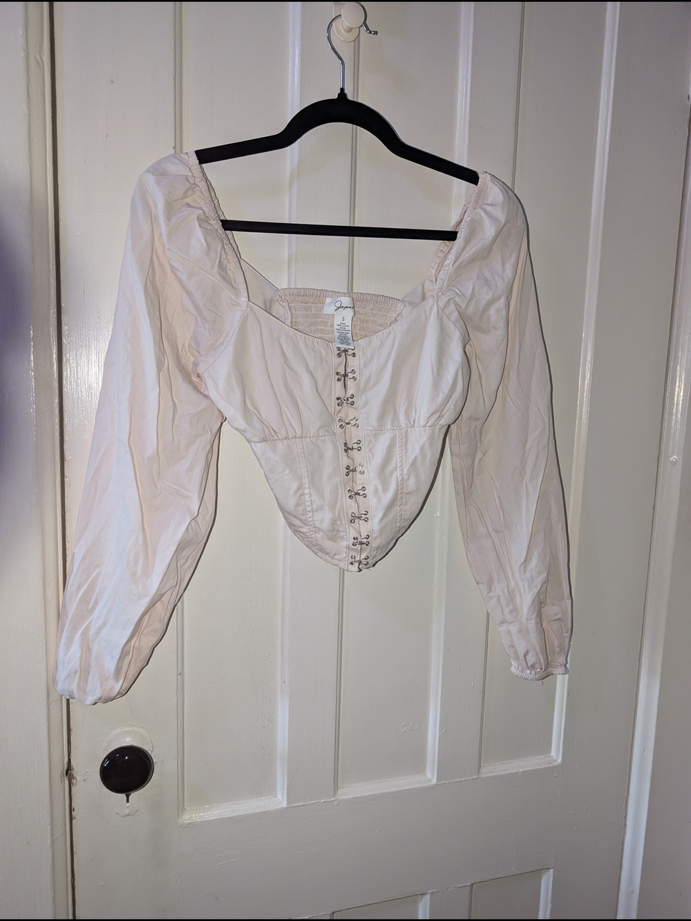 100% Cotton Cream Corset-Style Long Sleeve Crop Top